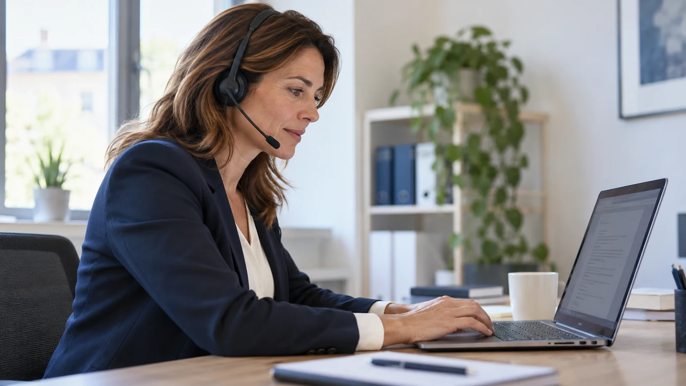 Profesional realizando una evaluación en un portátil durante una conversación telefónica