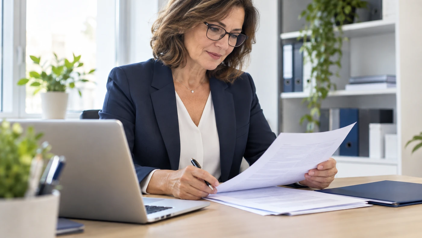 Responsable de formación revisando documentación administrativa junto a un portátil