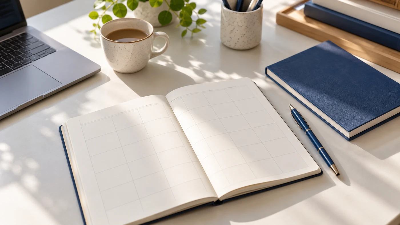 Material de estudio y calendario sobre una mesa junto a un portátil